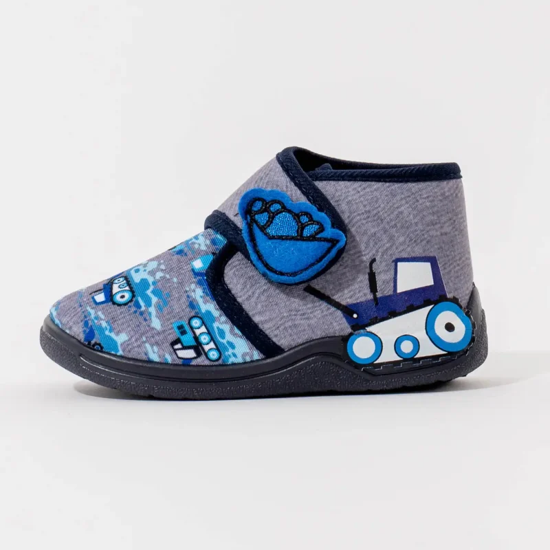 Dječije patofne sa motivom bagera, sive i plave boje, udobne i neklizajuće